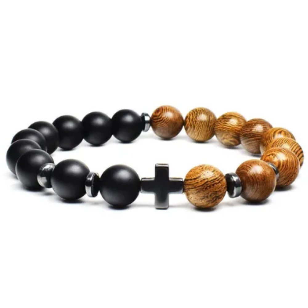 Cross Bracelet,Onyx and Wood Bracelet,Wood and Stone Cross Bracelet,8mm  Beads